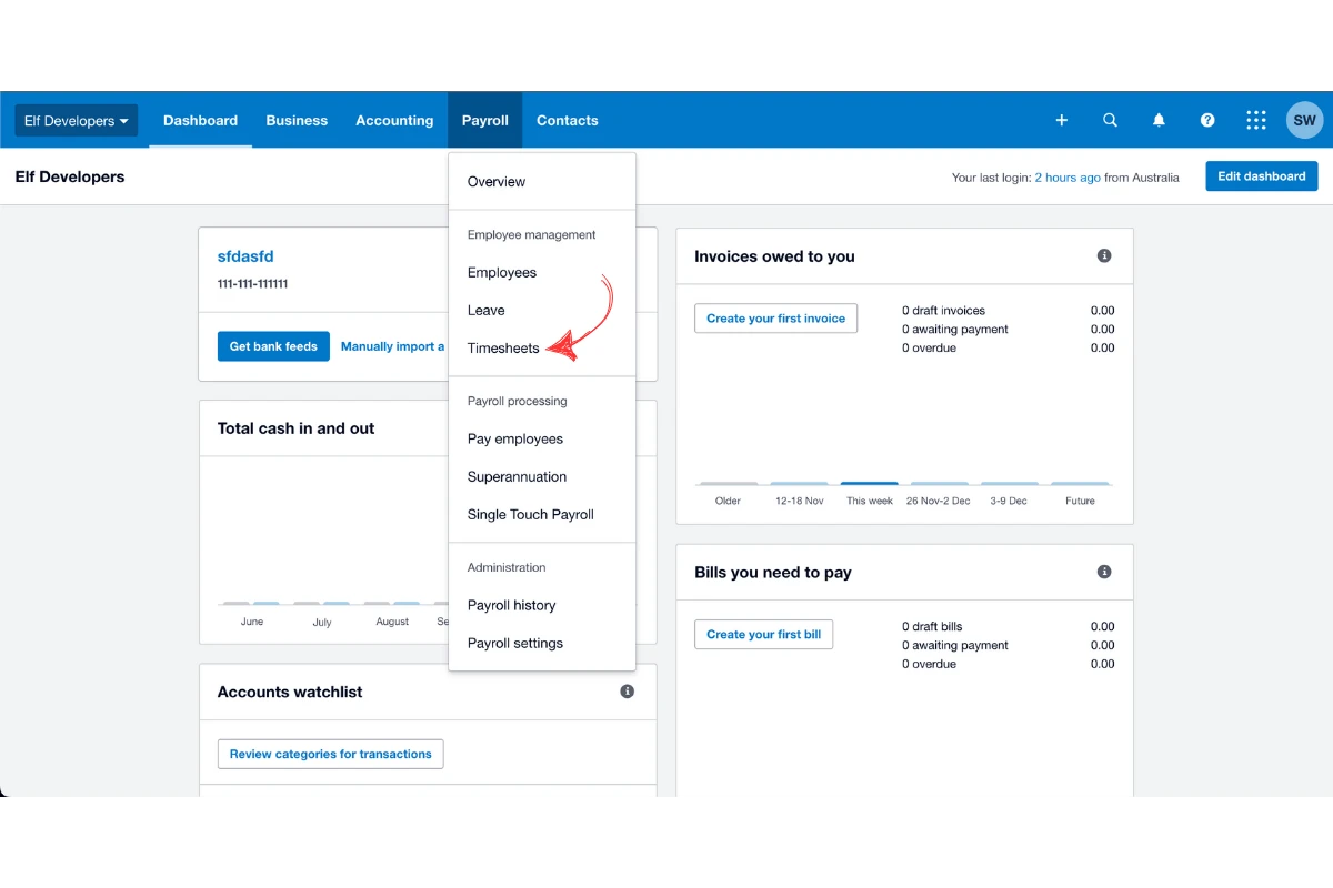 Screenshot showing Payroll then Timesheets navigation in Xero
