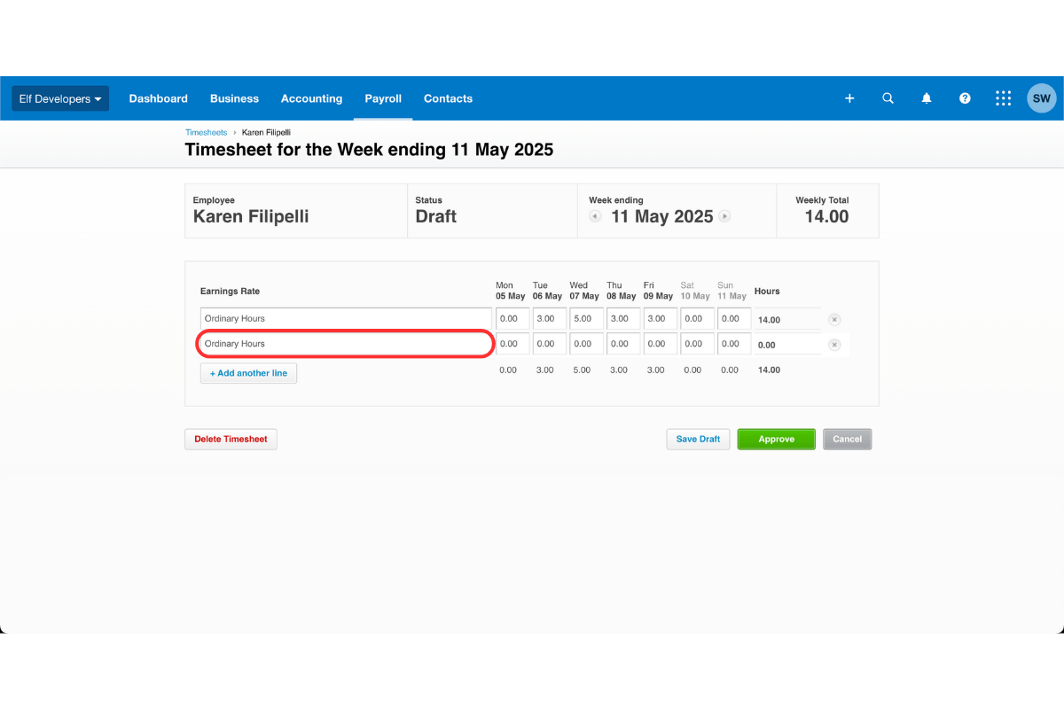 Screenshot showing how to add a secondary earnings line in Xero