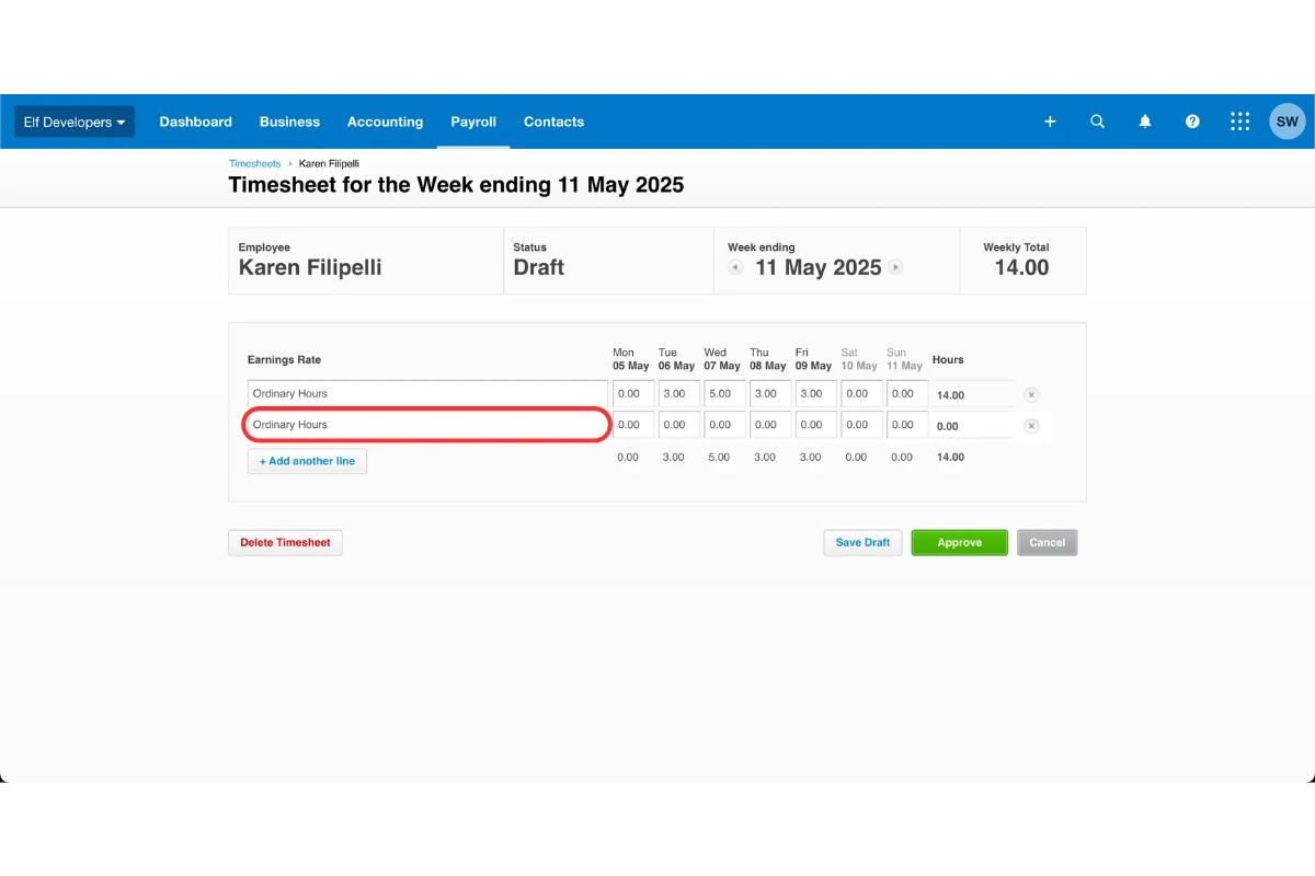 Screenshot showing how to add a secondary earnings line in Xero