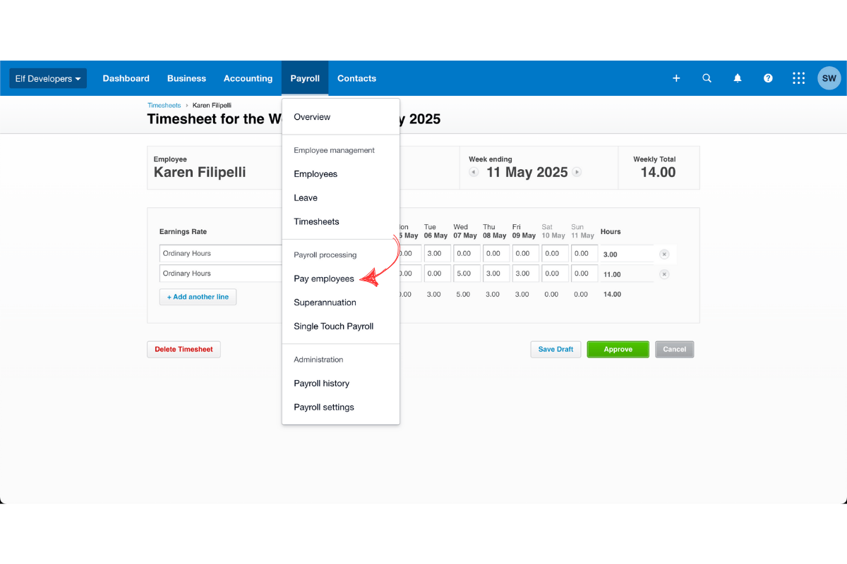 Screenshot showing Payroll then Pay Employees navigation in Xero