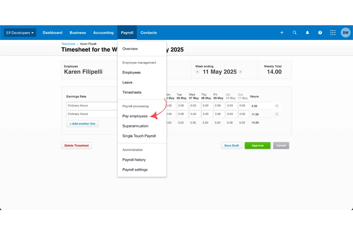 Screenshot showing Payroll then Pay Employees navigation in Xero