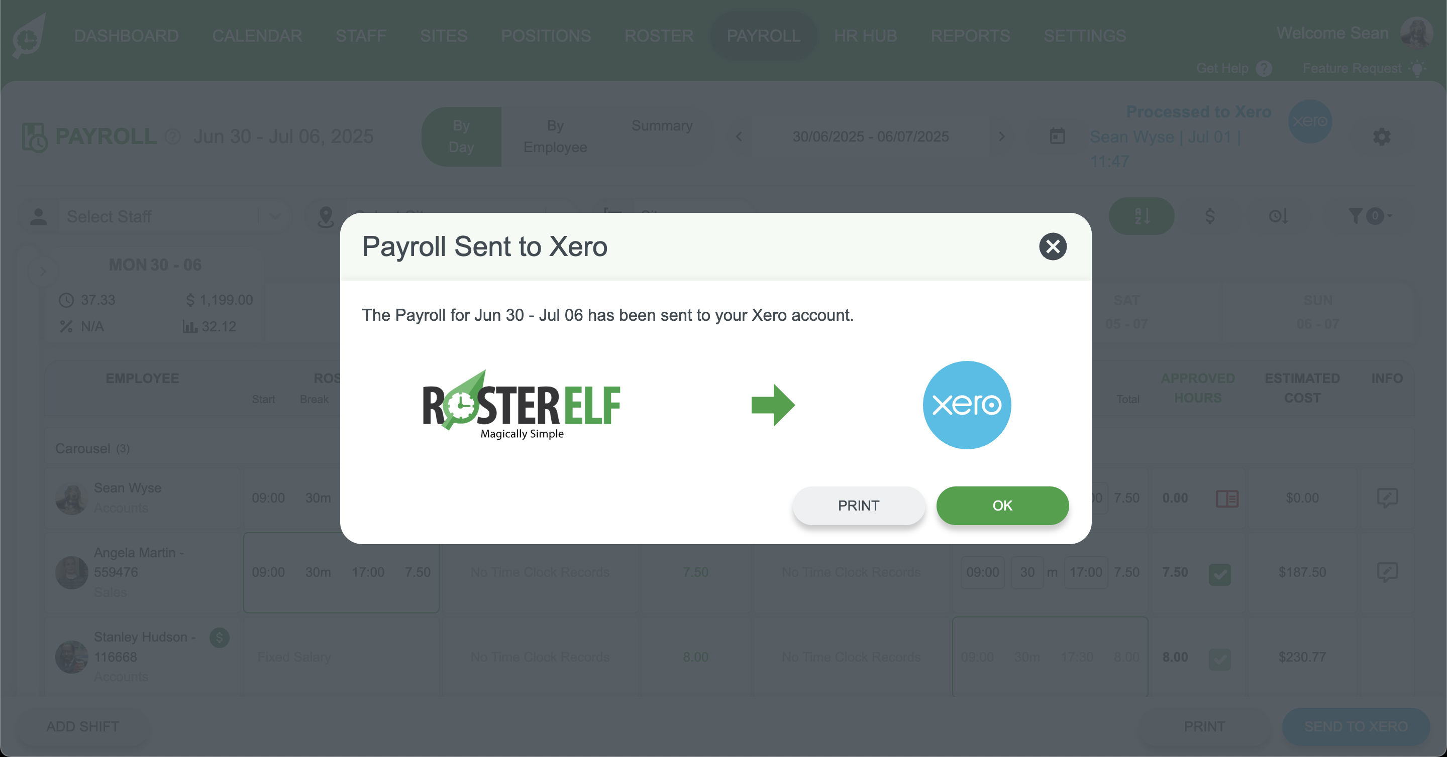 Xero integration screen in RosterElf