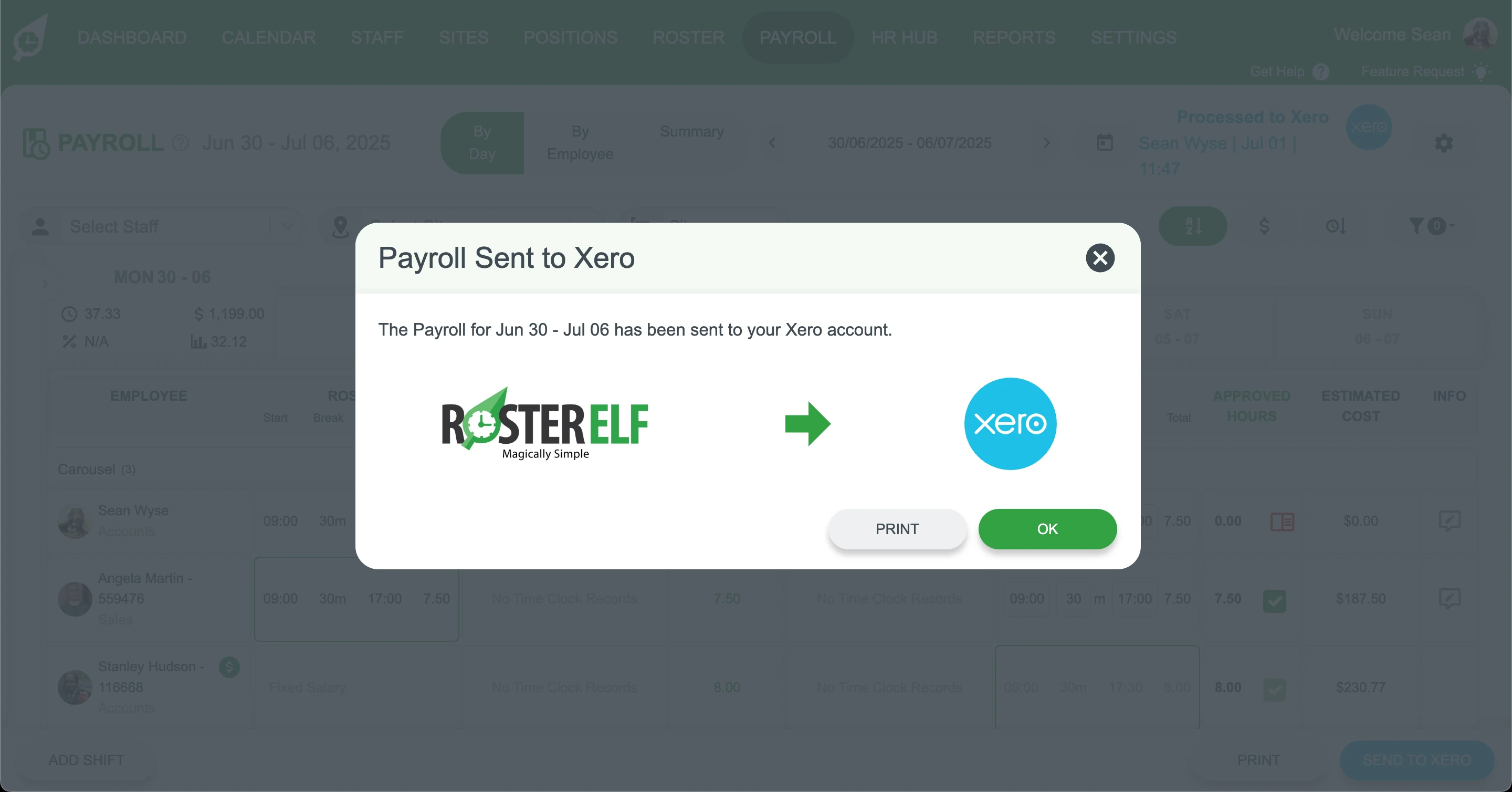 RosterElf Payroll page processing the pay run as normal