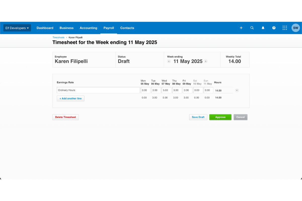 Screenshot showing employee timesheet selection in Xero