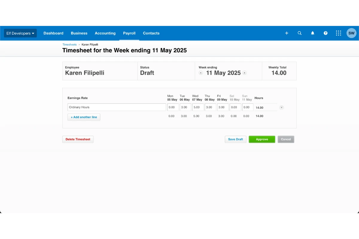 Screenshot showing employee timesheet selection in Xero