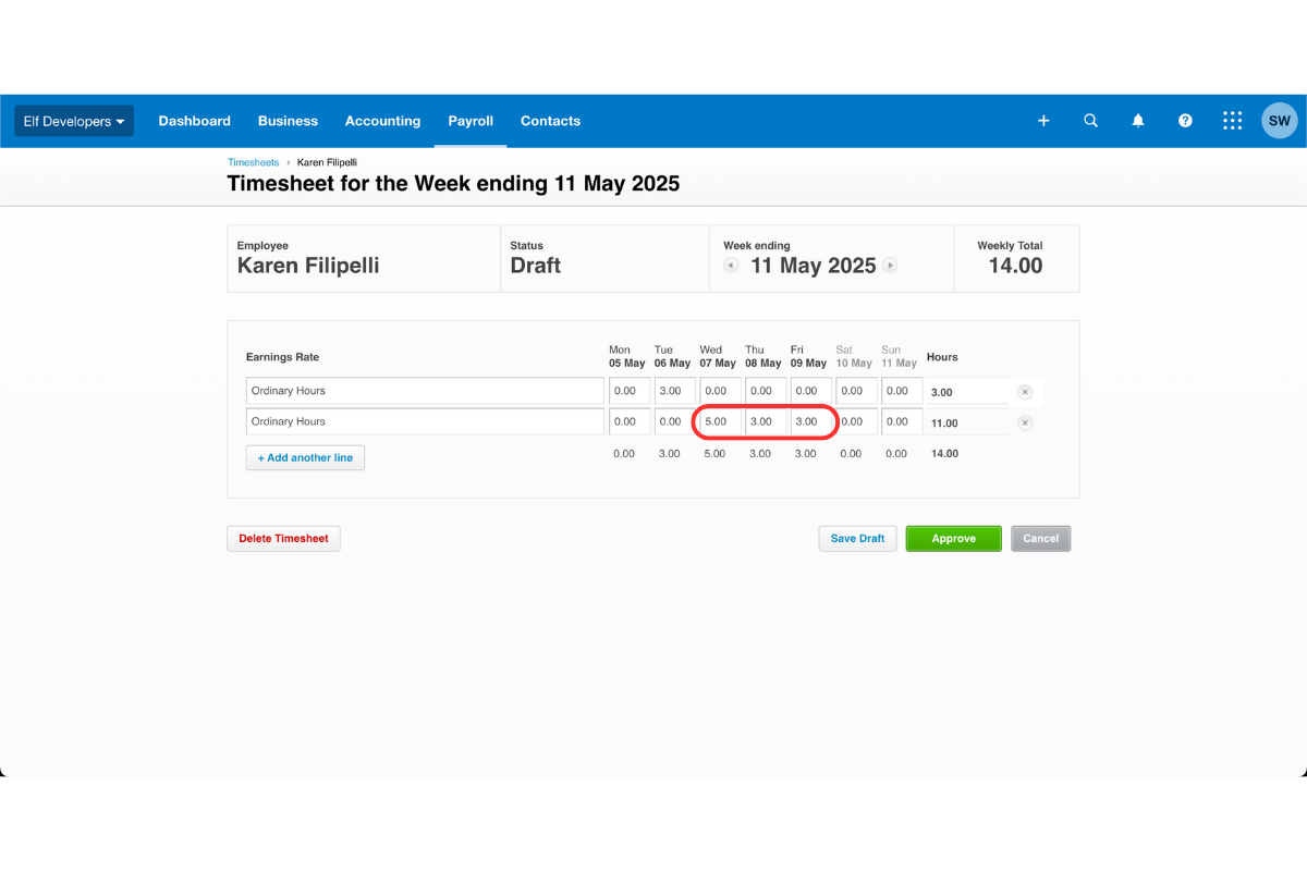 Screenshot showing moving approved hours to new earnings line in Xero
