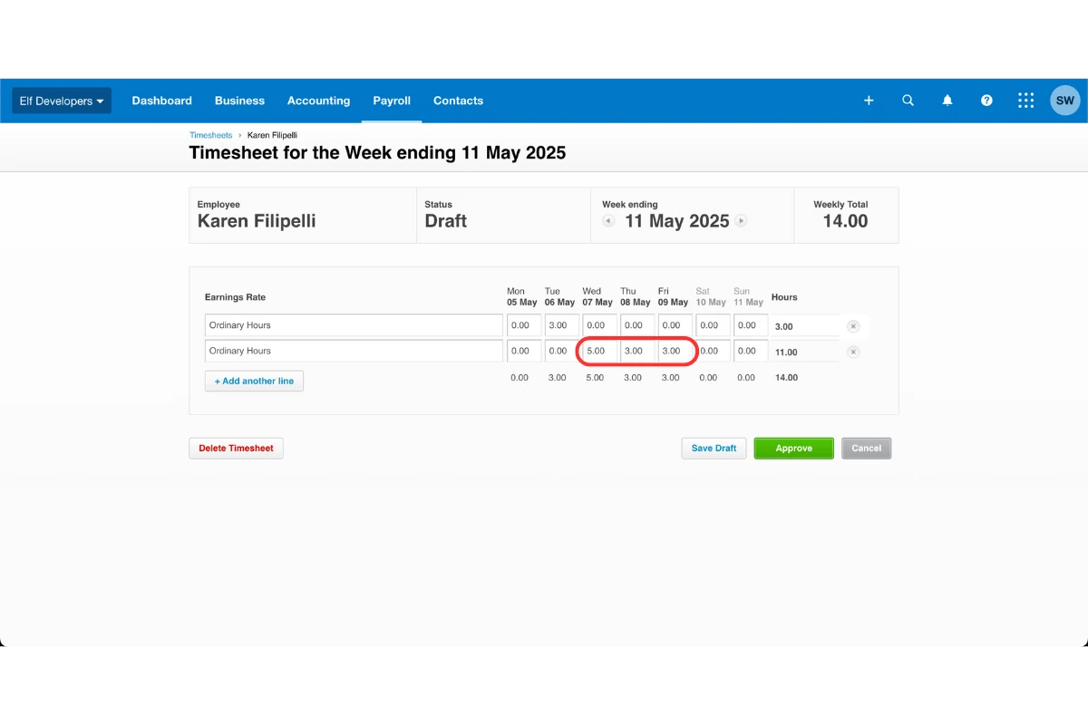 Screenshot showing moving approved hours to new earnings line in Xero