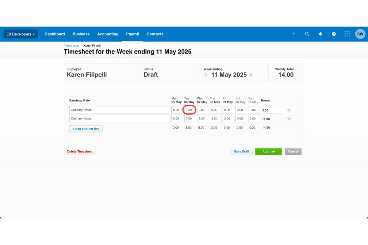Screenshot showing original earnings line with hours before rate change in Xero