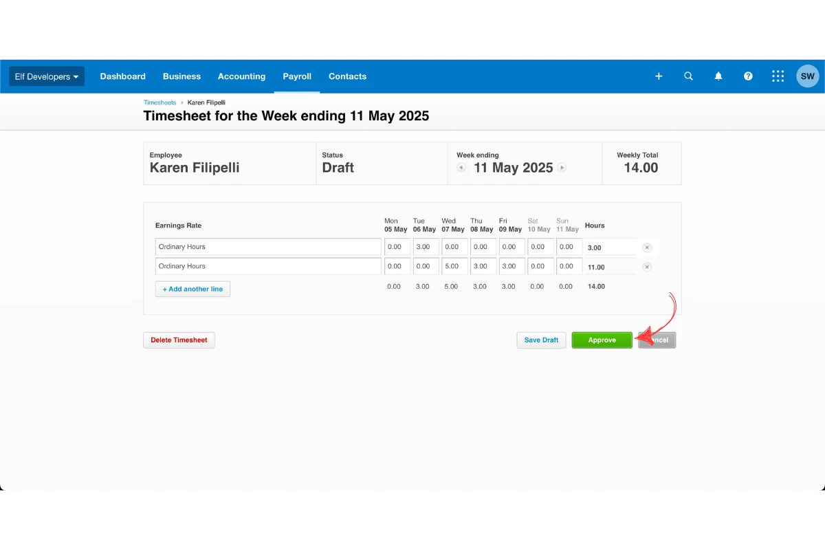 Xero timesheet with the Approve button