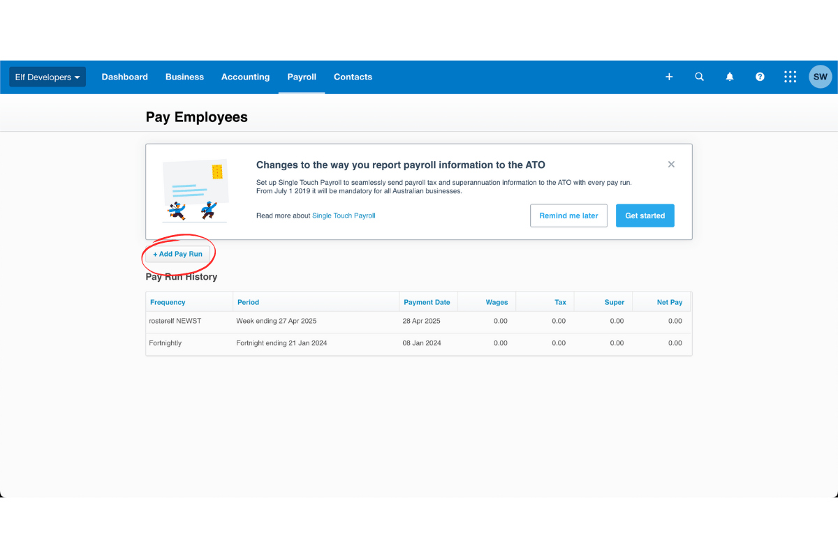 Screenshot showing creating a new pay run in Xero
