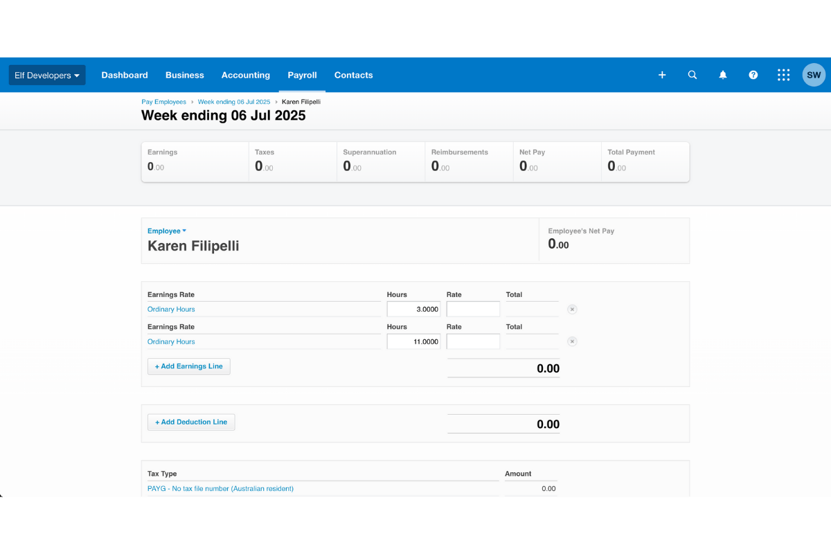 Screenshot showing opening employee pay slip in Xero