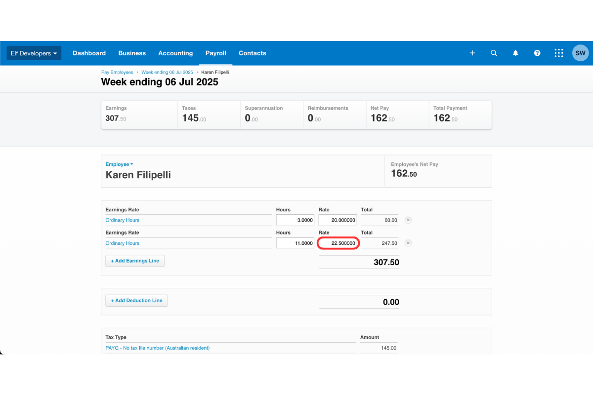 Screenshot showing entering new rate for secondary earnings line in Xero