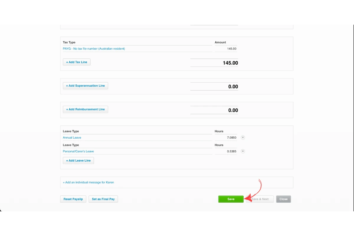 Screenshot showing saving changes to pay slip in Xero
