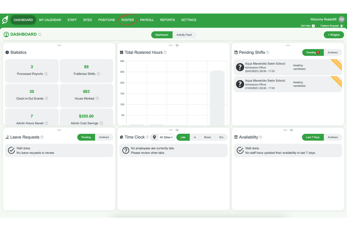 Screenshot highlighting the Roster tab in the top menu