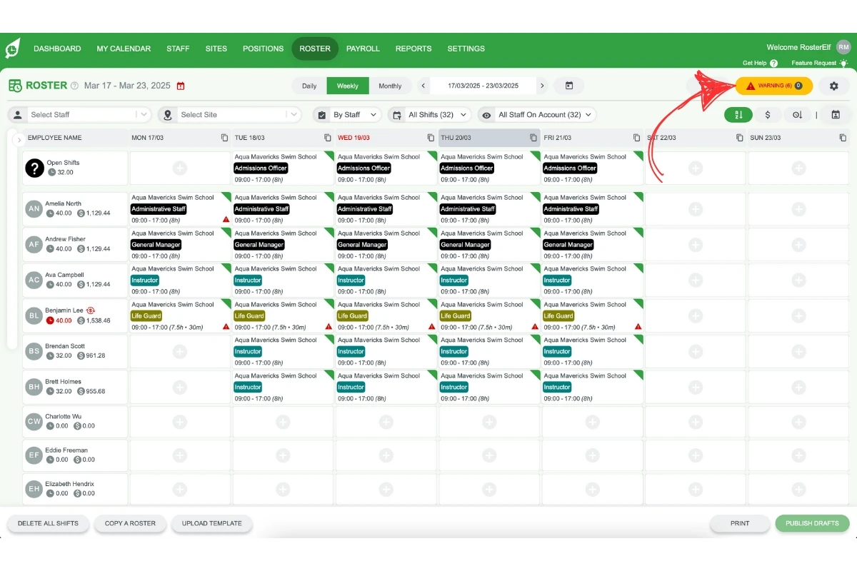 Screenshot indicating the orange Warning button in the top-right corner