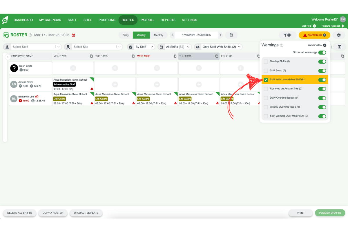 Screenshot highlighting a specific warning option to filter for