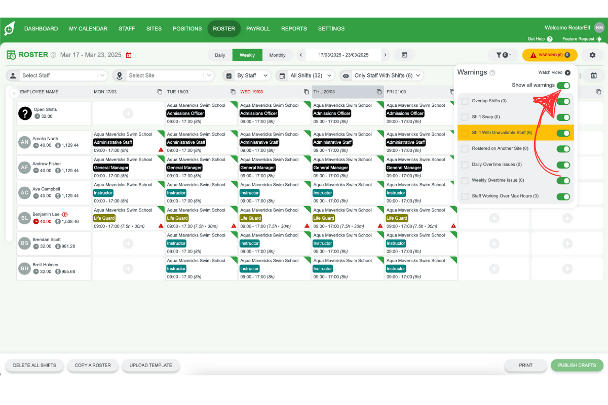 Screenshot of the 'Show all warnings' toggle