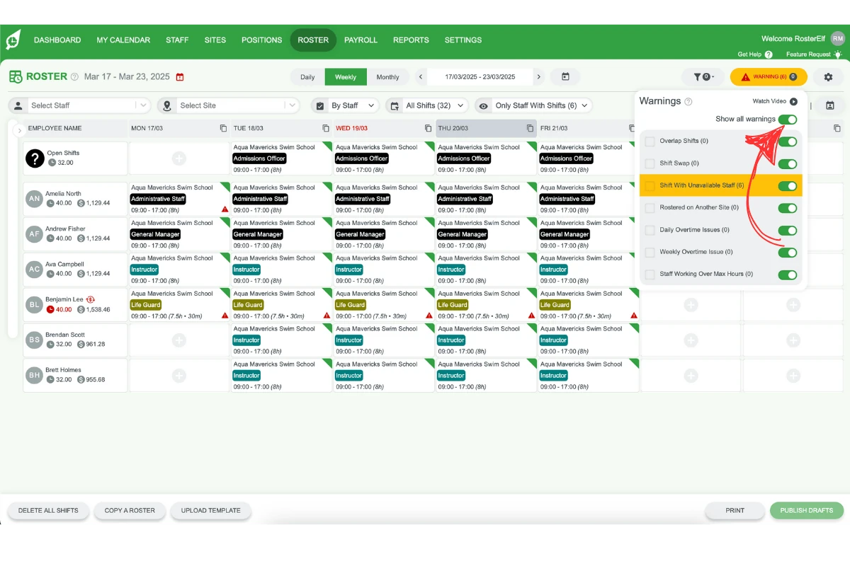 Screenshot of the 'Show all warnings' toggle