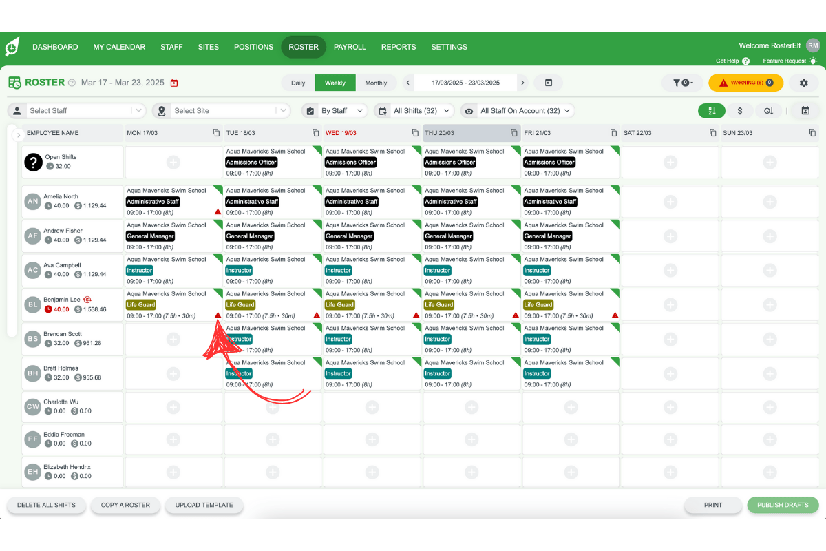 Screenshot showing the small red triangle warning icon on a shift