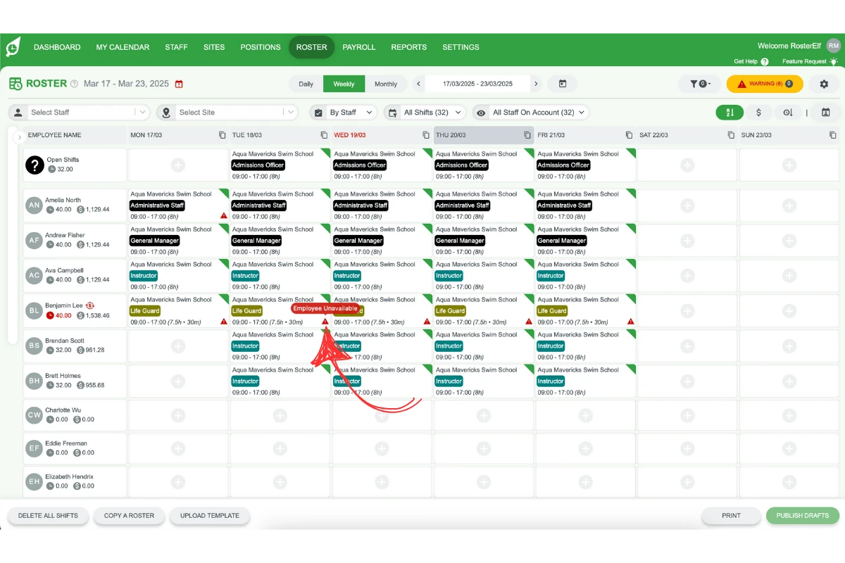 Screenshot demonstrating the warning details displayed on hover