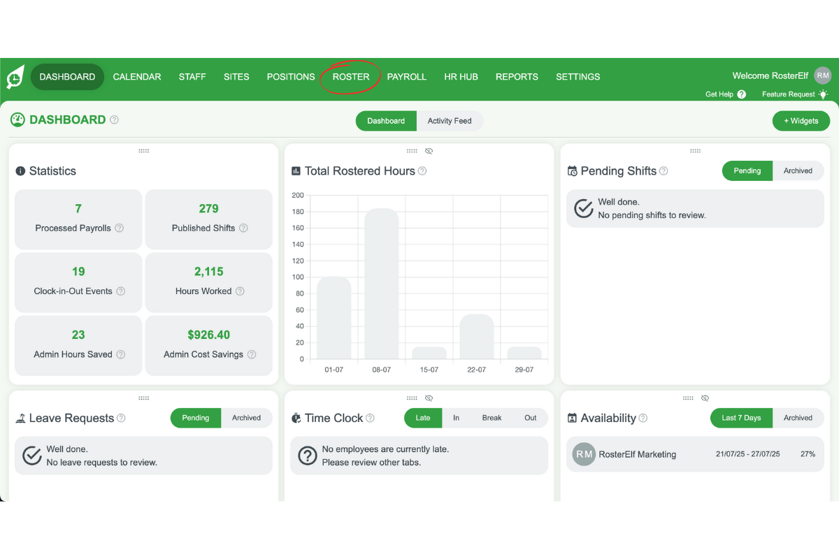 Roster tab in the left-hand navigation menu