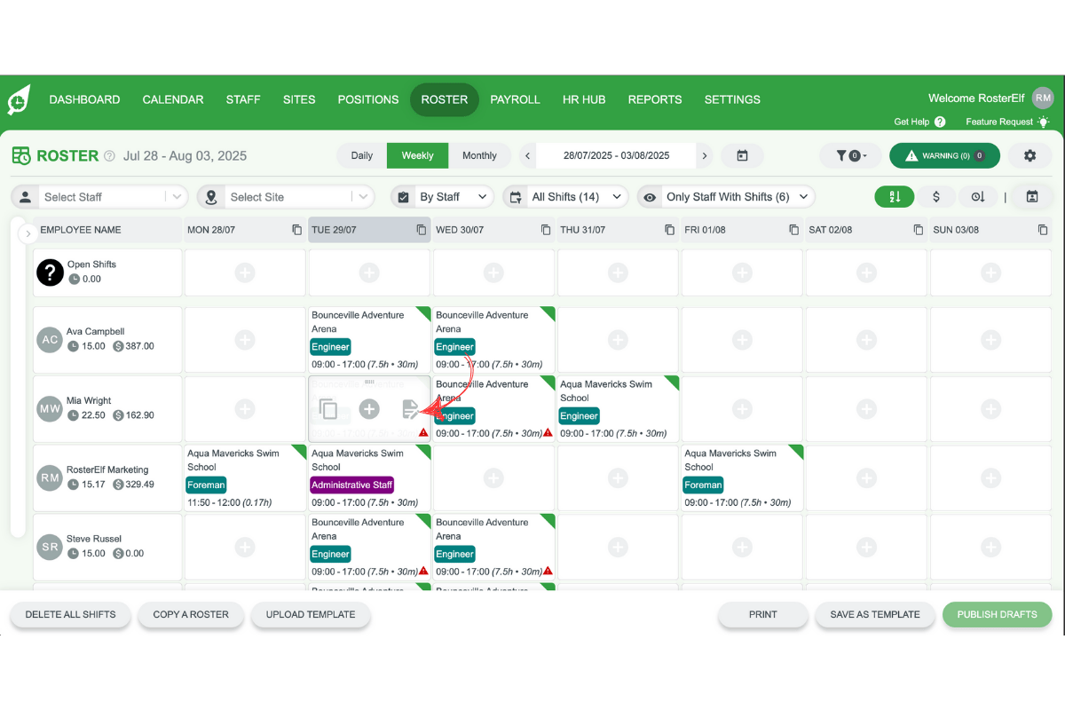 Selecting a shift on the roster