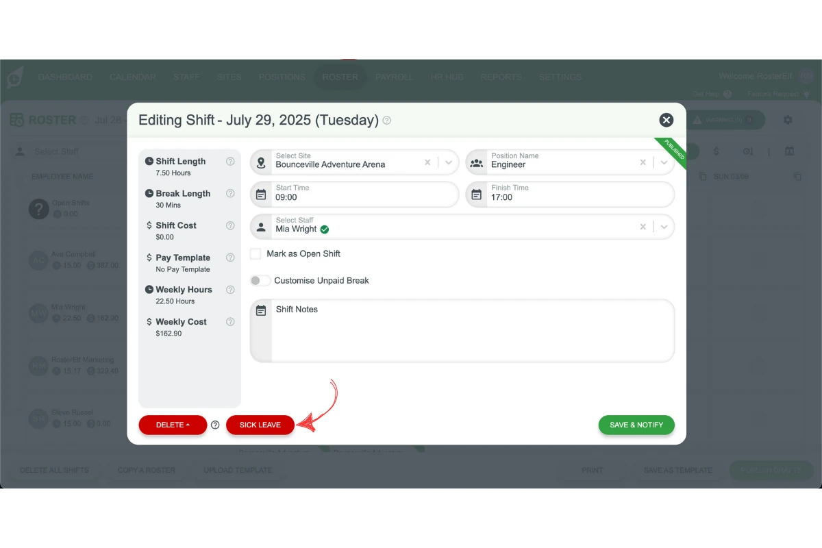Sick option selected for shift status