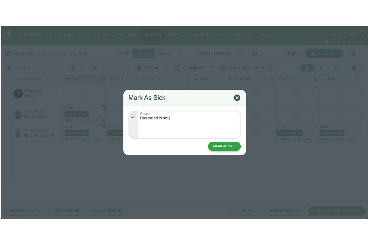 Text field for entering sick leave reason
