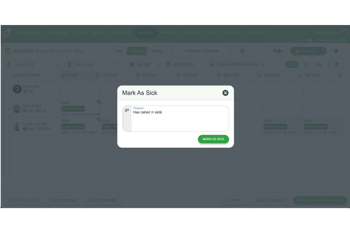 Text field for entering sick leave reason