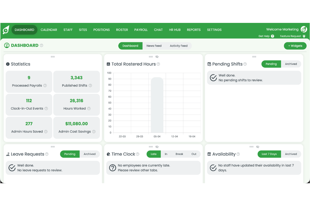 Screenshot of the RosterElf dashboard