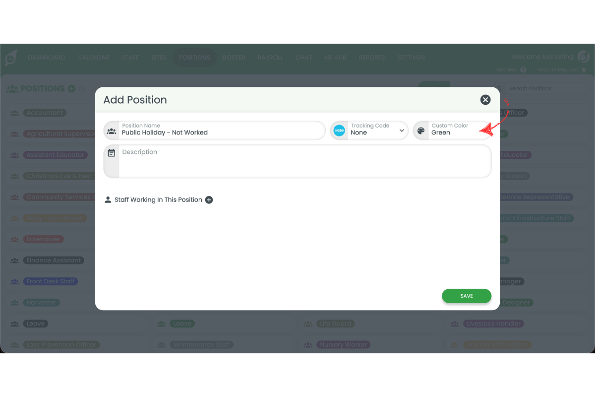 Screenshot showing the colour picker option in the Add Position modal
