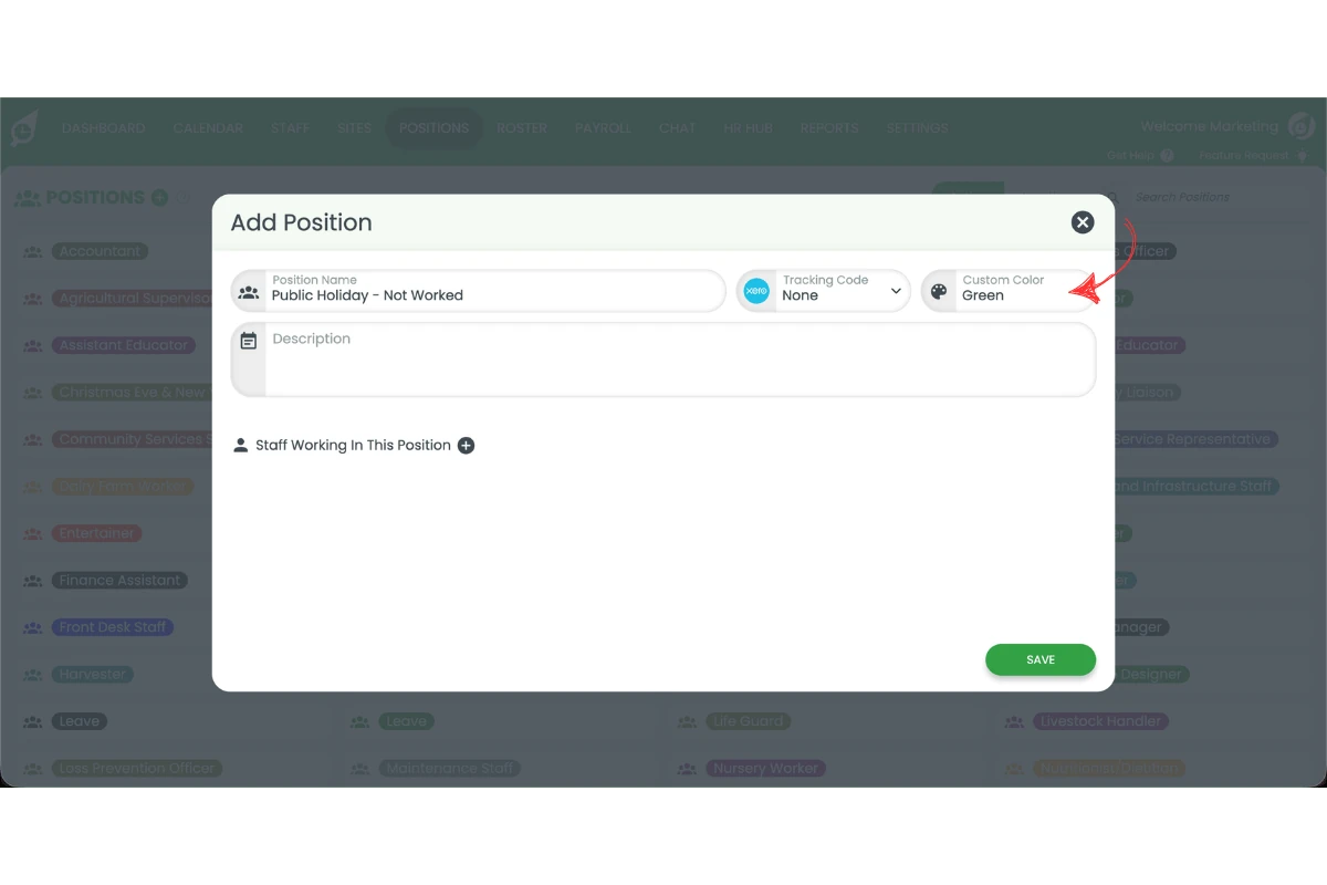 Screenshot showing the colour picker option in the Add Position modal