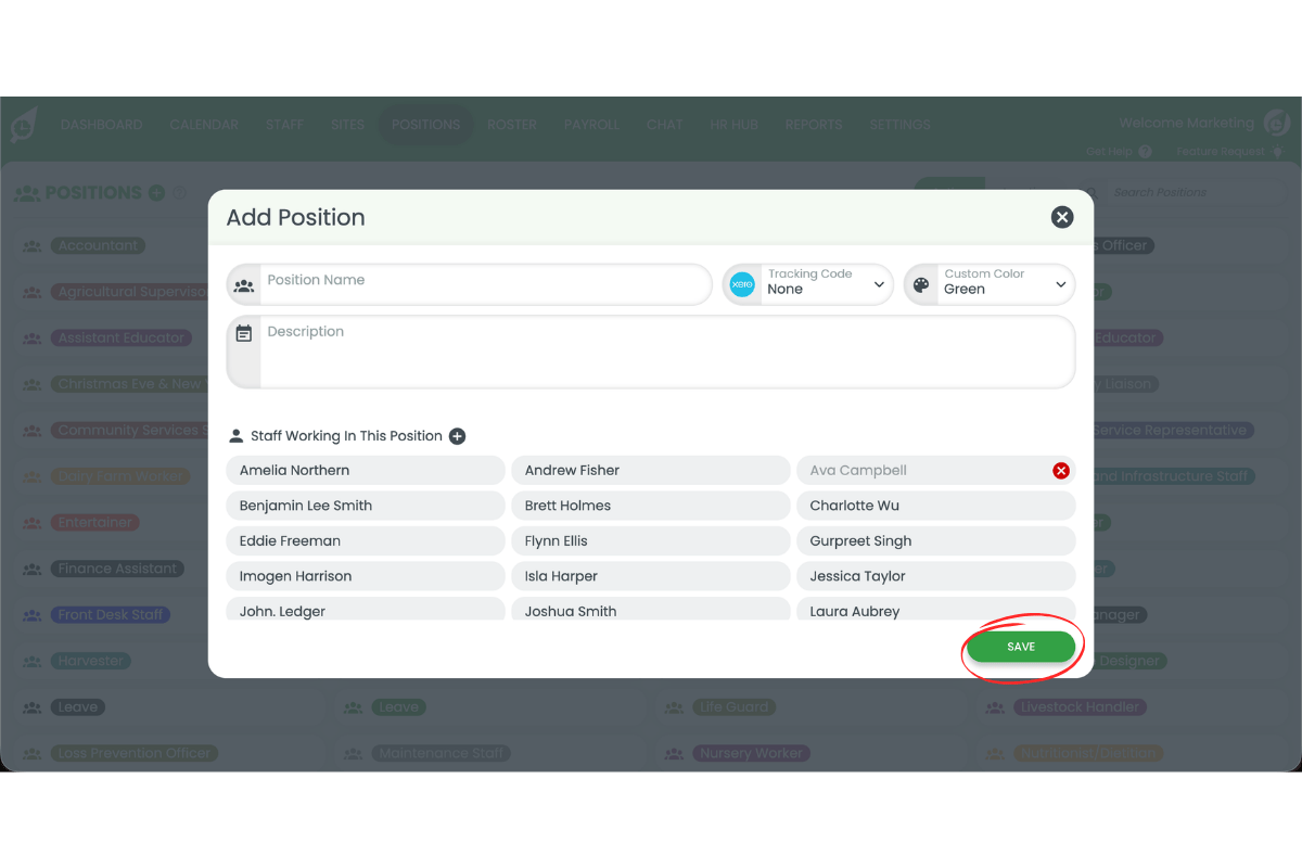 Screenshot showing the Save button circled in the Add Position modal
