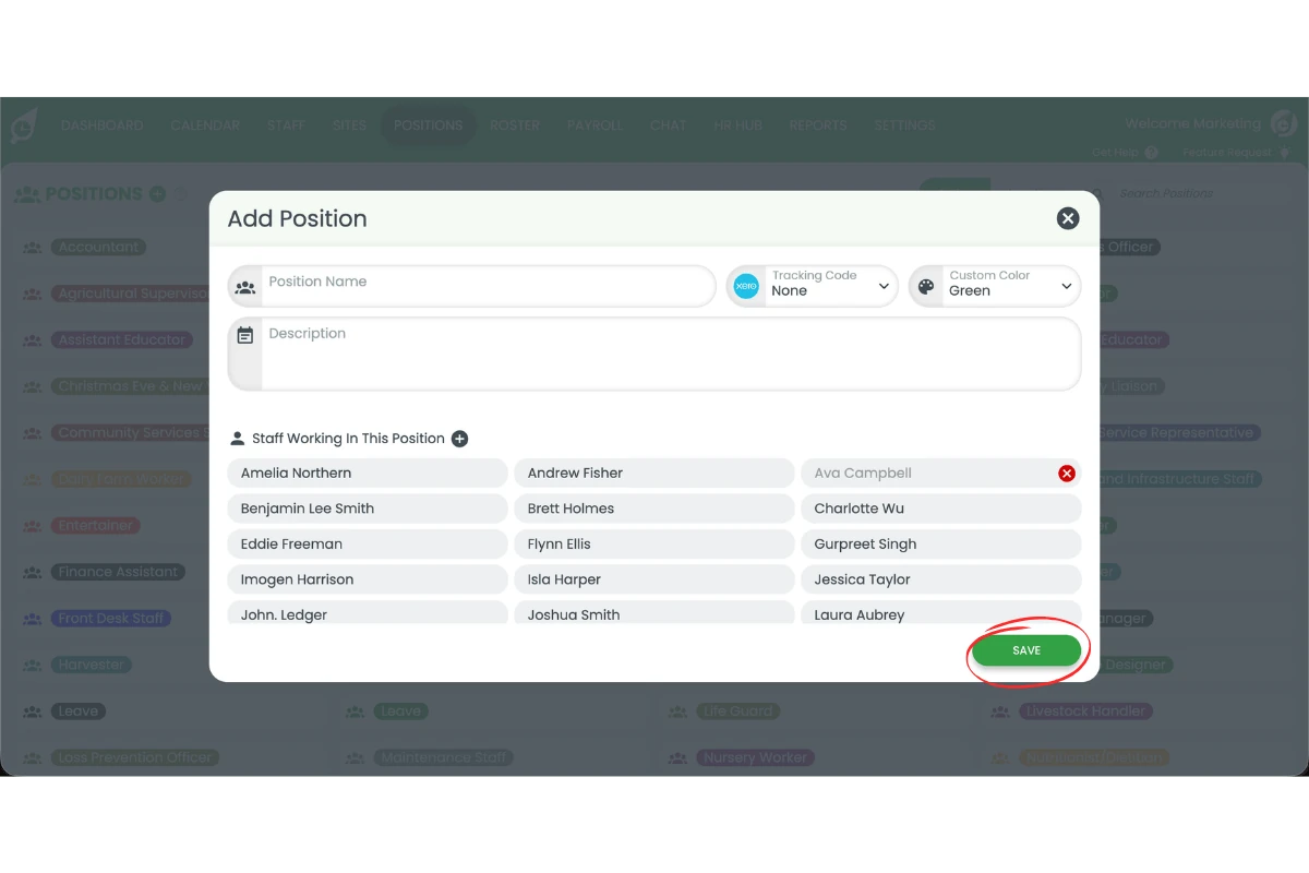 Screenshot showing the Save button circled in the Add Position modal