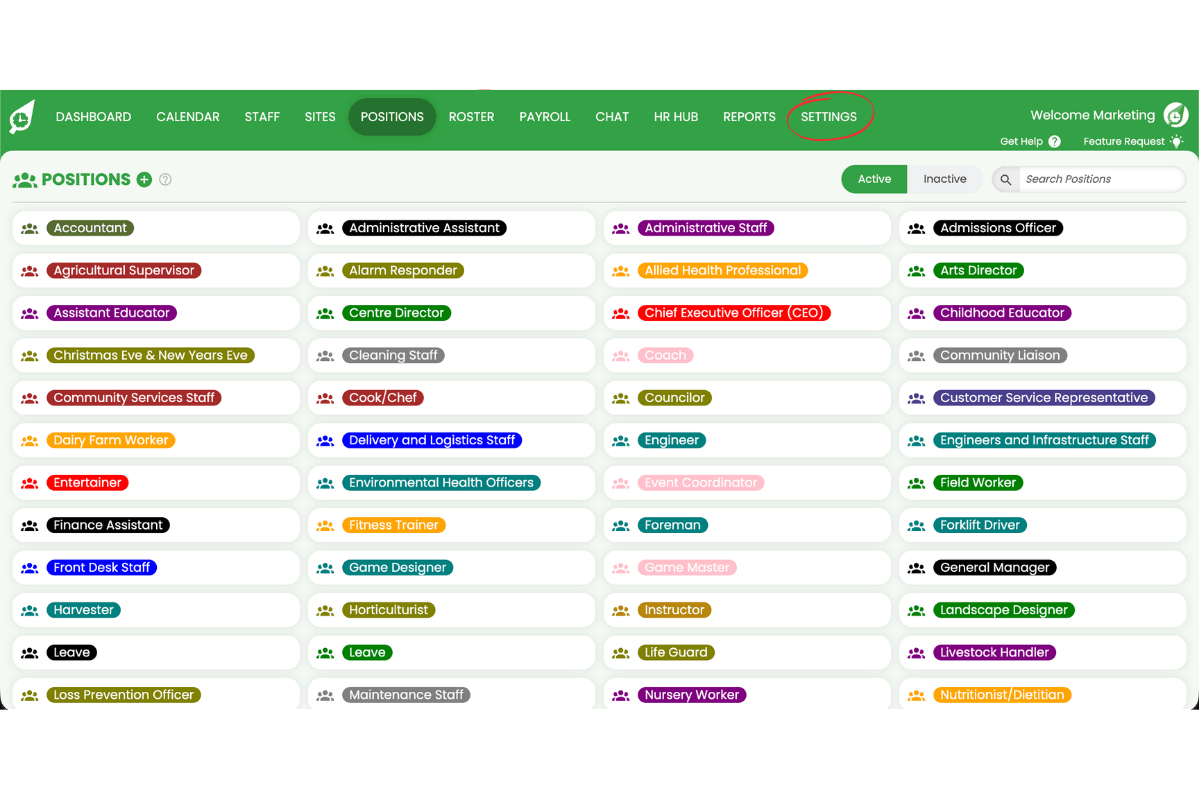 Screenshot showing Settings circled in the RosterElf navigation