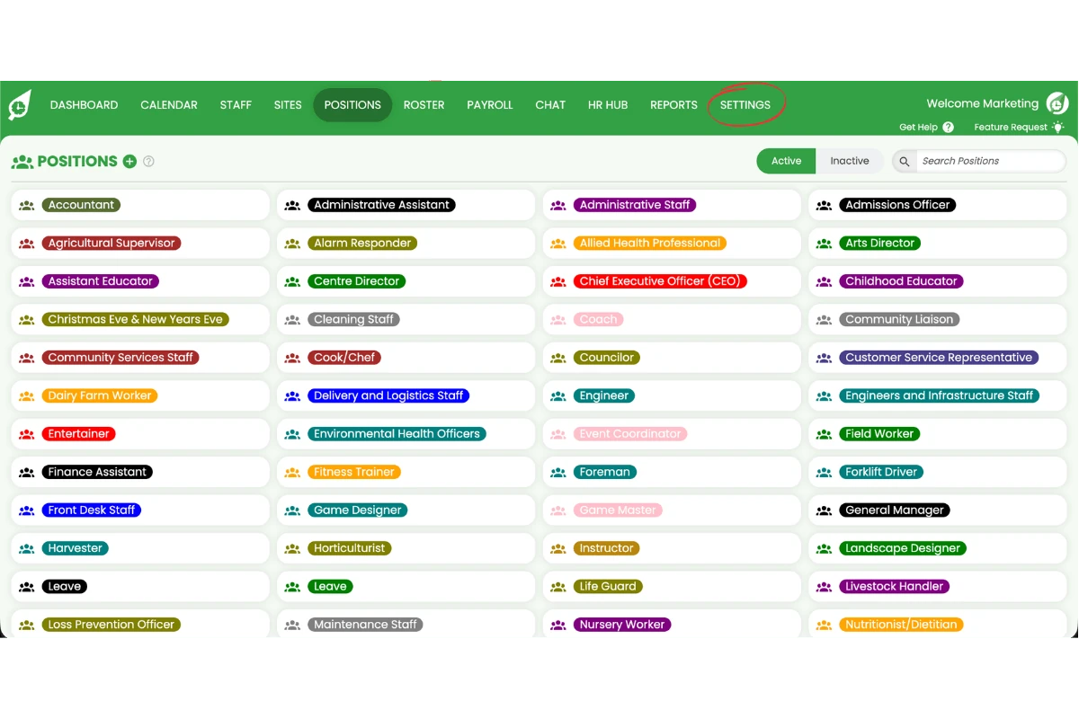 Screenshot showing Settings circled in the RosterElf navigation