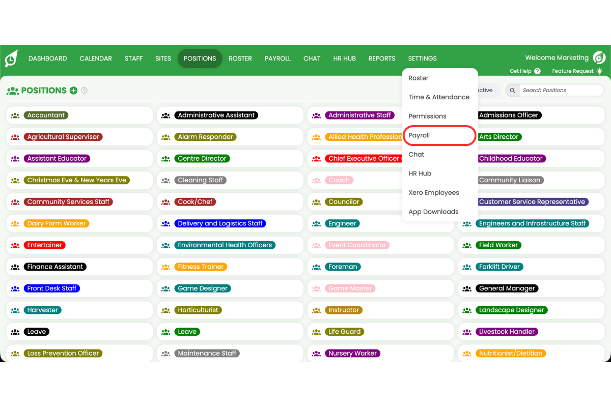 Screenshot showing Payroll selected in the Settings dropdown