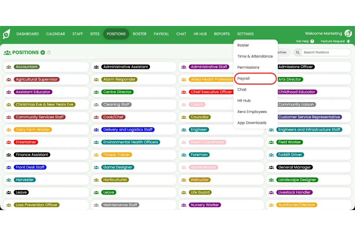 Screenshot showing Payroll selected in the Settings dropdown