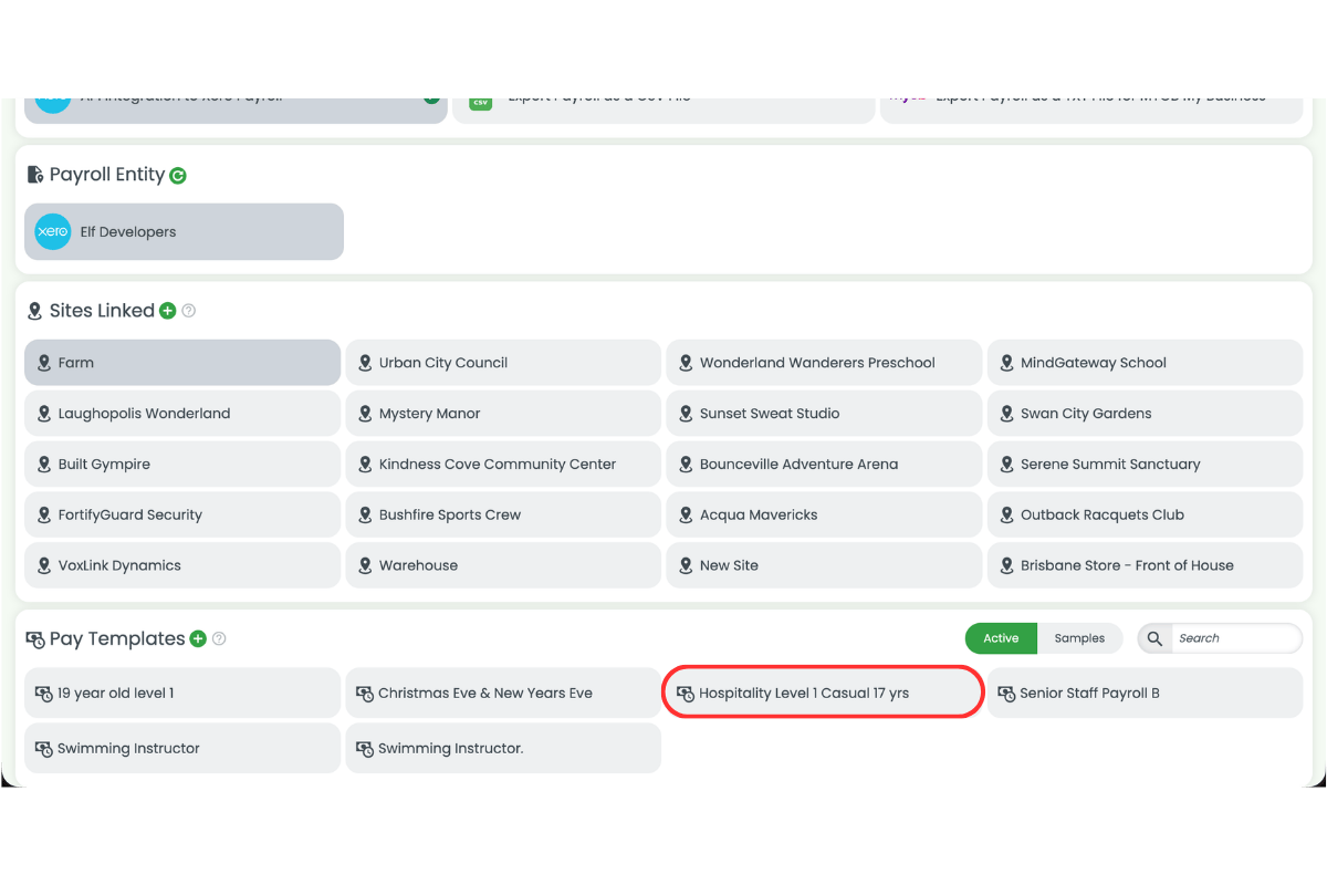 Screenshot showing the pay template highlighted in Payroll settings