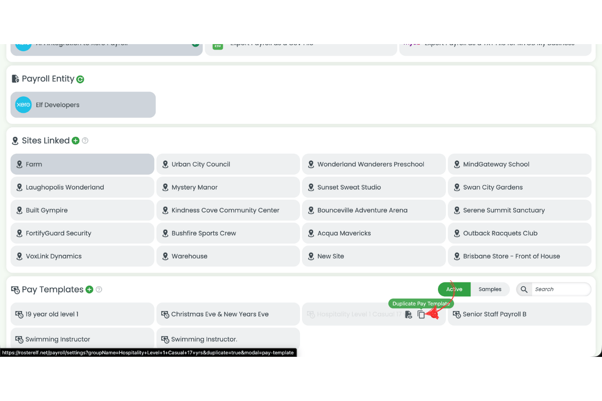 Screenshot showing the Duplicate tooltip visible when hovering over the pay template