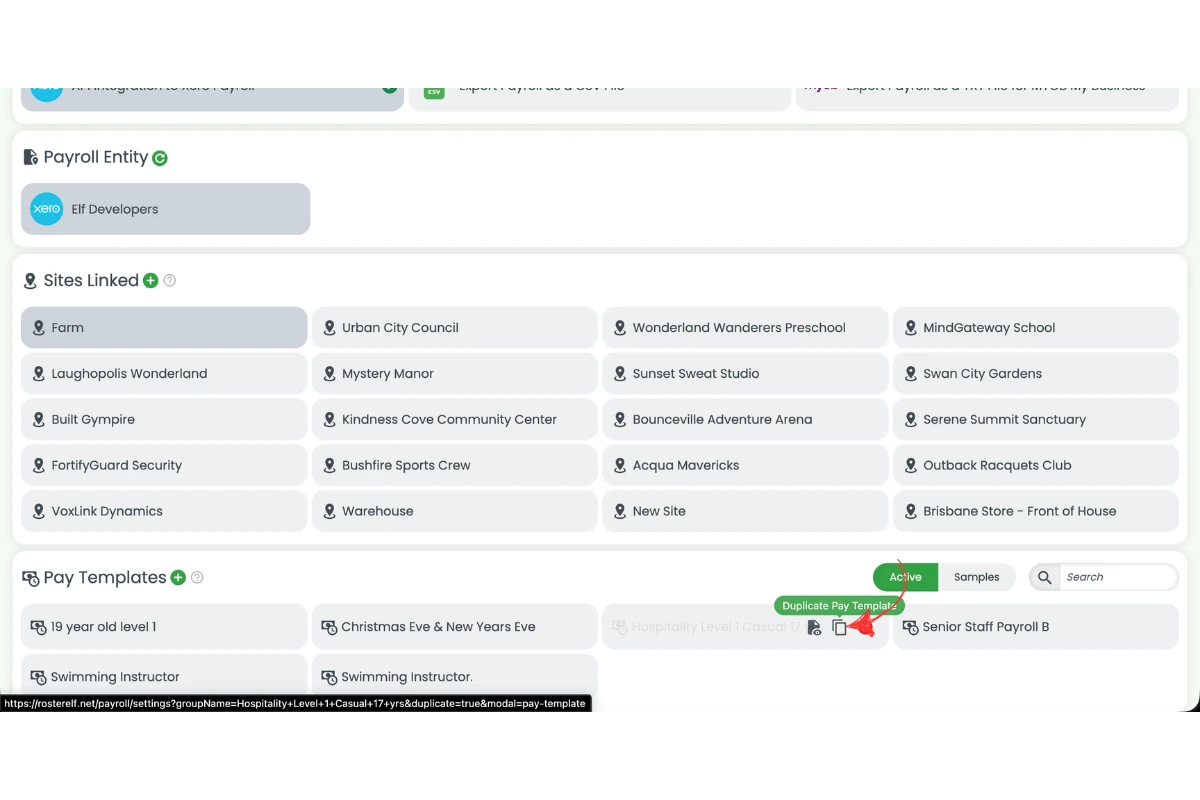 Screenshot showing the Duplicate tooltip visible when hovering over the pay template
