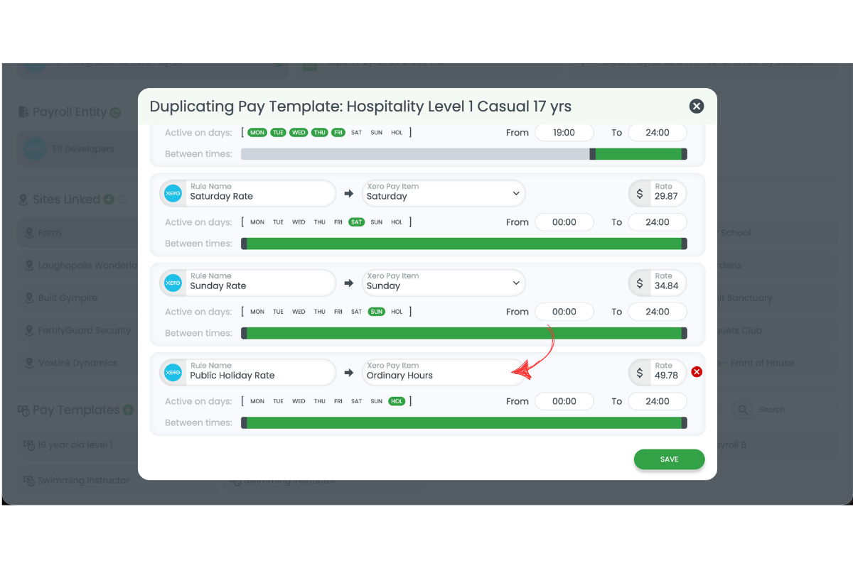Screenshot showing the public holiday rule set to Ordinary Hours in the pay template