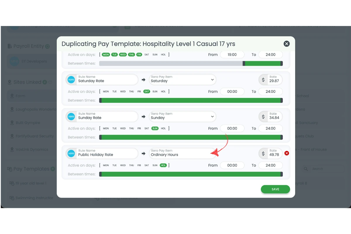 Screenshot showing the public holiday rule set to Ordinary Hours in the pay template