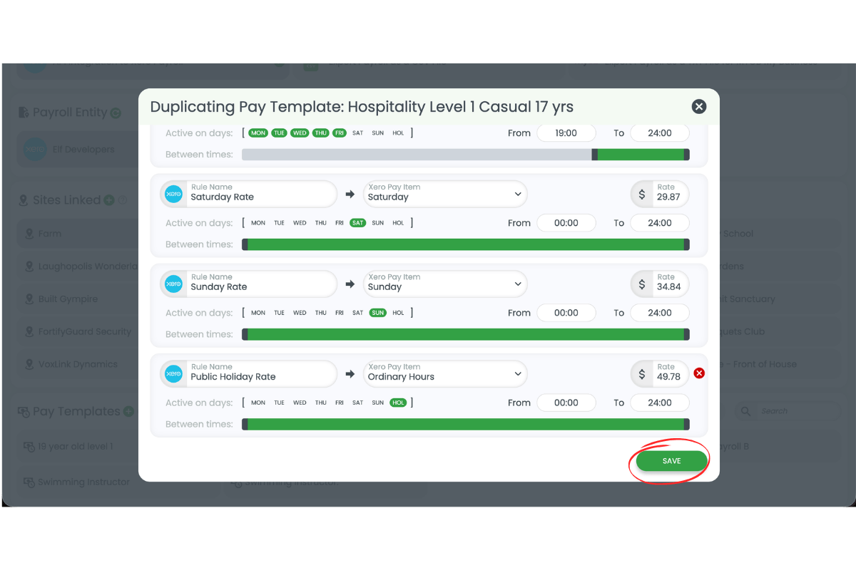 Screenshot showing the Save button circled in the pay template modal