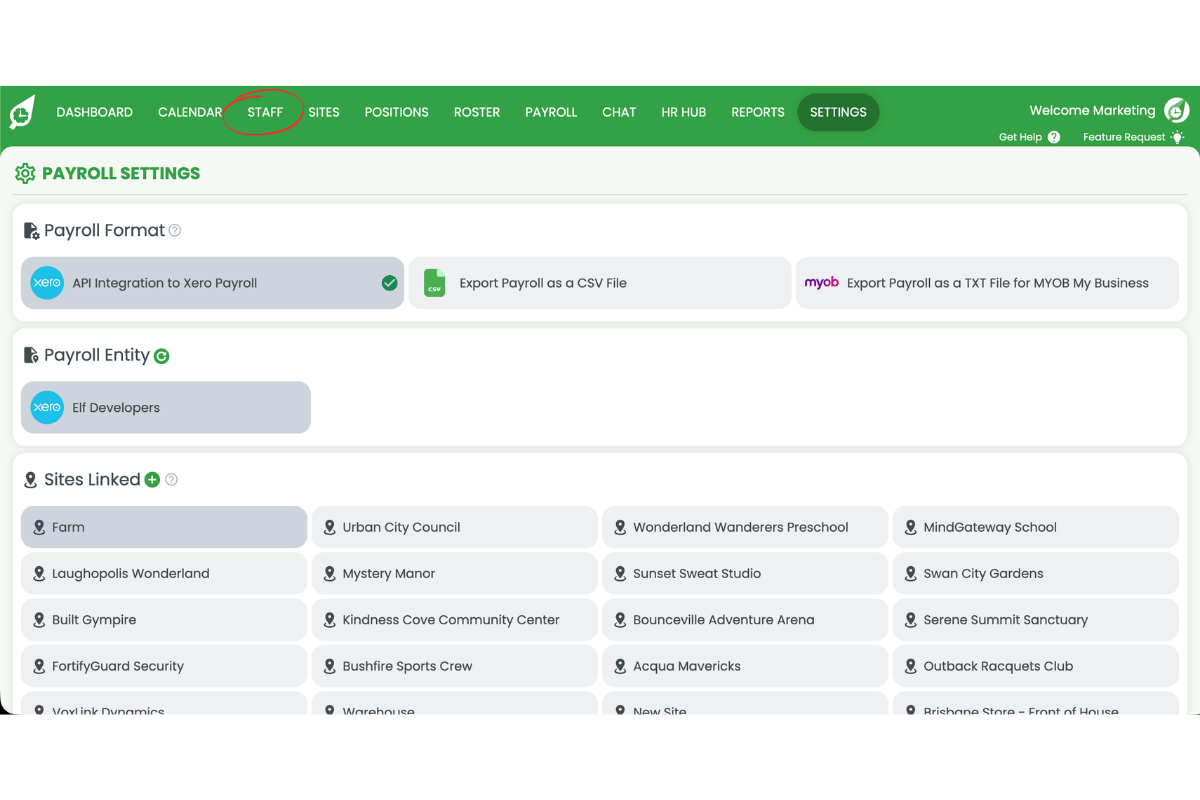Screenshot showing the Staff tab circled in RosterElf Payroll settings