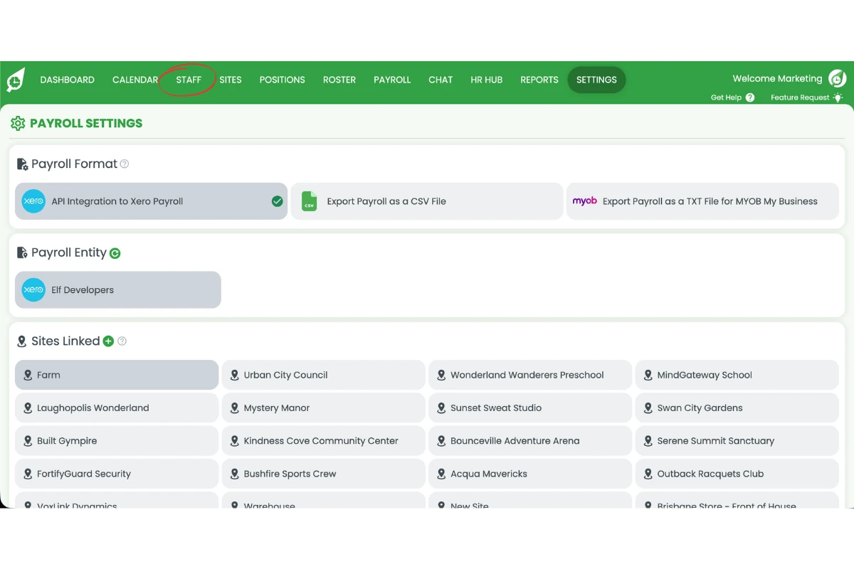 Screenshot showing the Staff tab circled in RosterElf Payroll settings