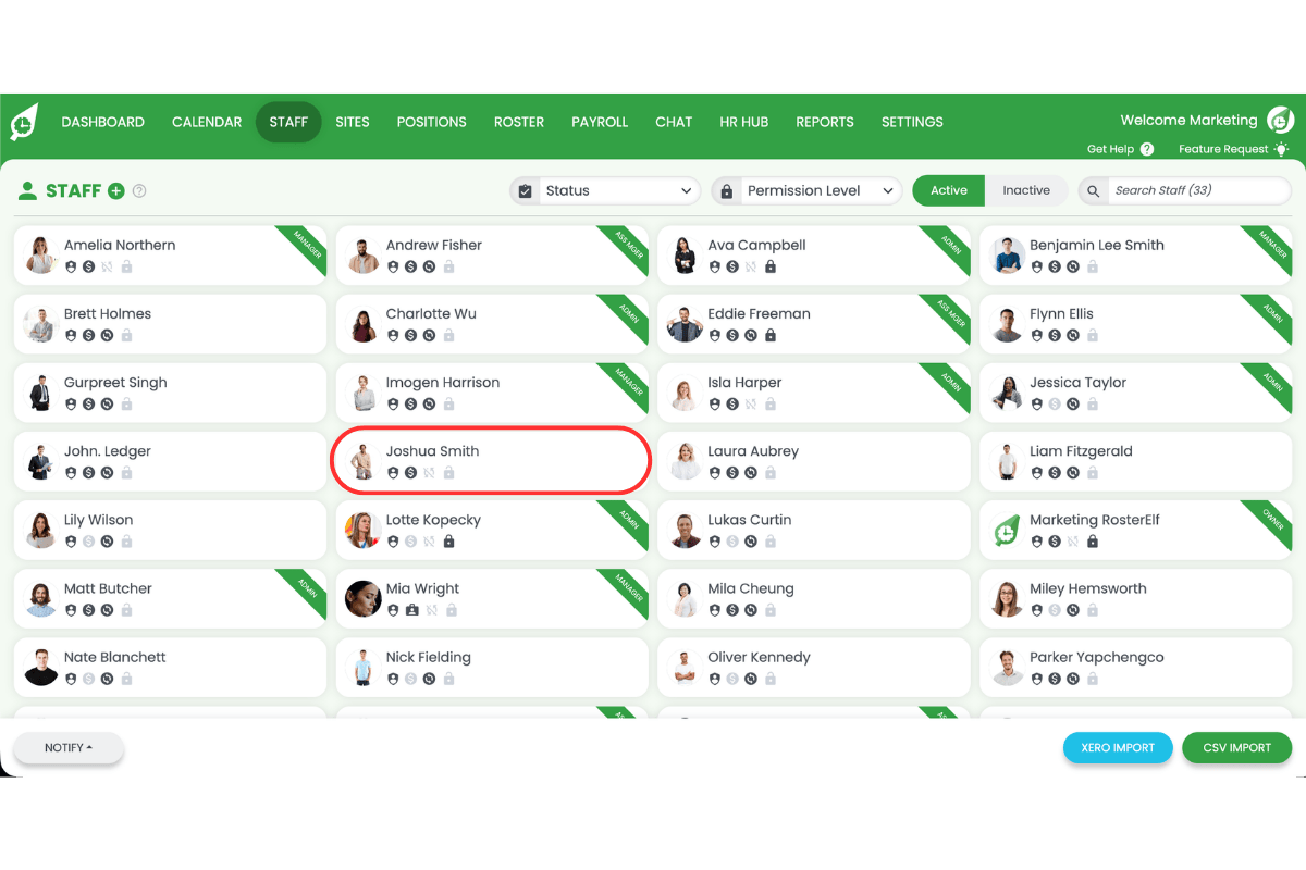 Screenshot showing a staff member circled in the staff list