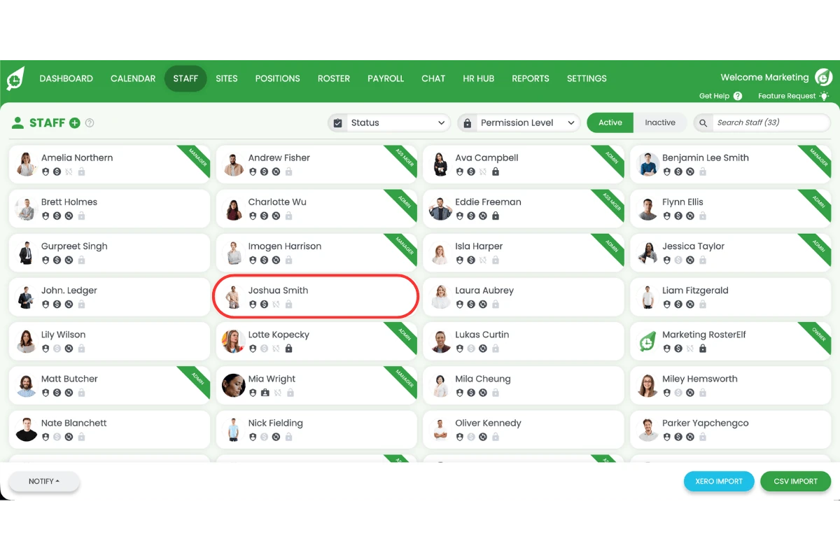 Screenshot showing a staff member circled in the staff list