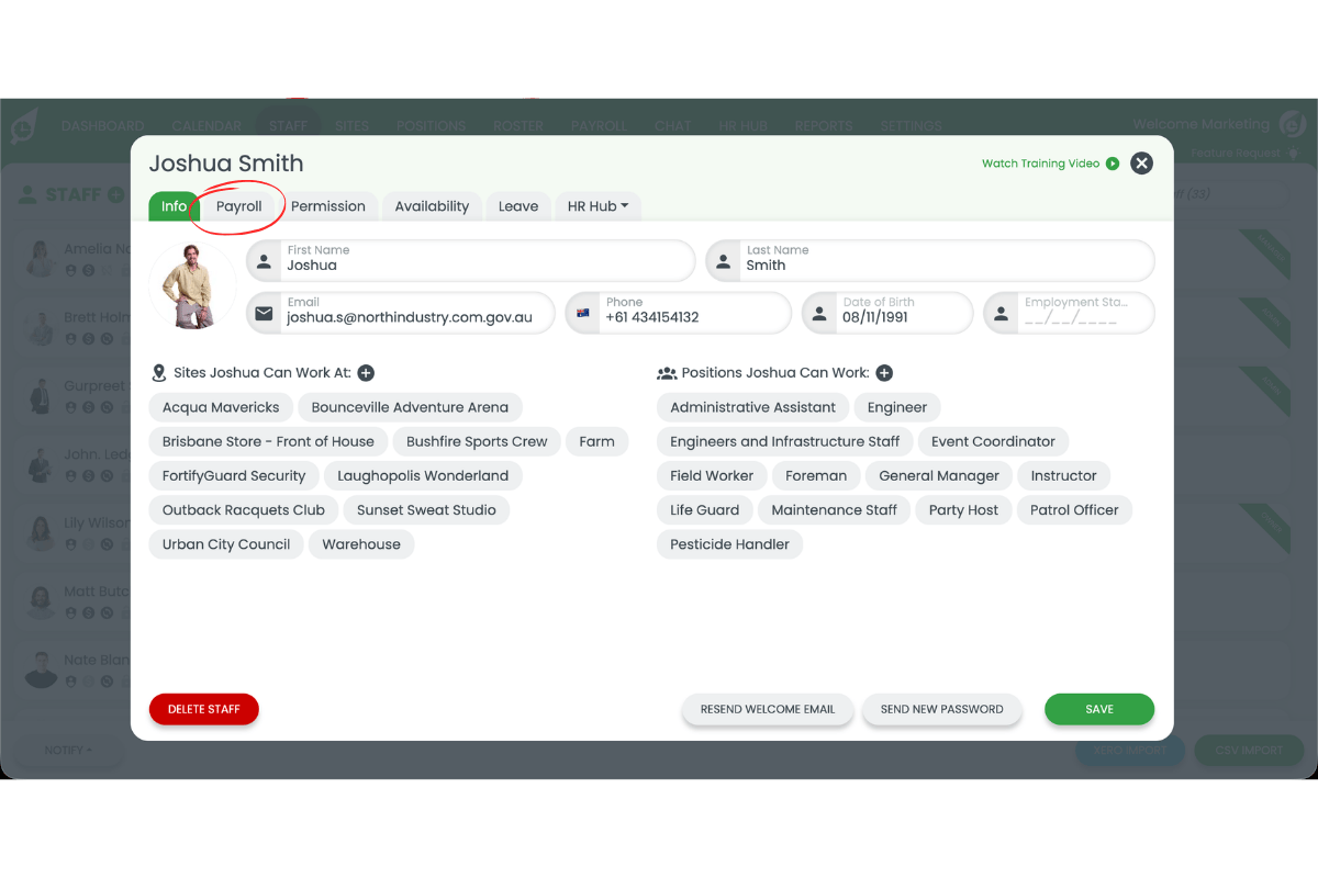 Screenshot showing the Payroll tab circled in the staff profile