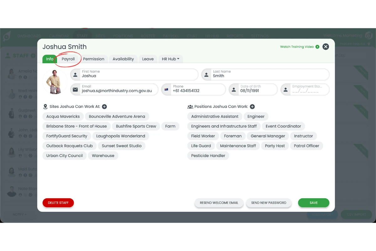 Screenshot showing the Payroll tab circled in the staff profile